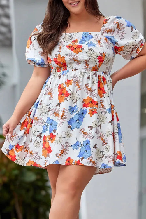 White Floral Smocked Flared Plus Size Dress