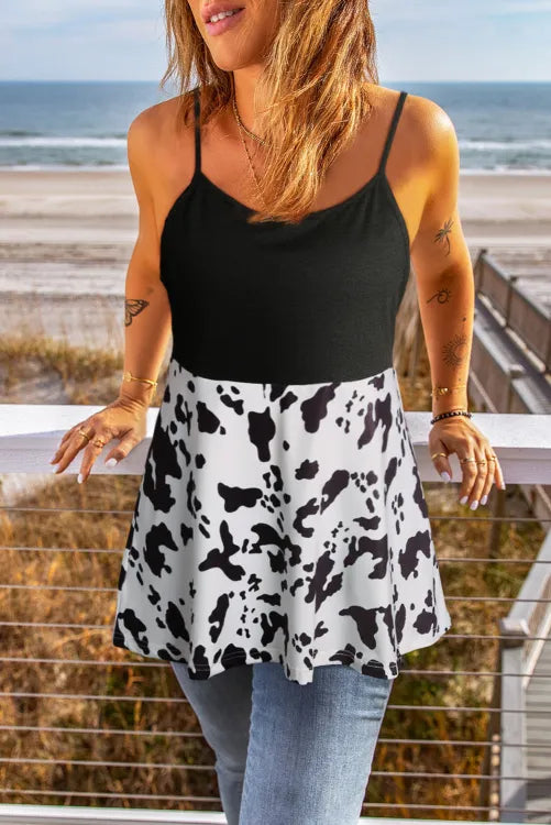 Leopard Patchwork Casual Spaghetti Strap Sleeveless Shirt