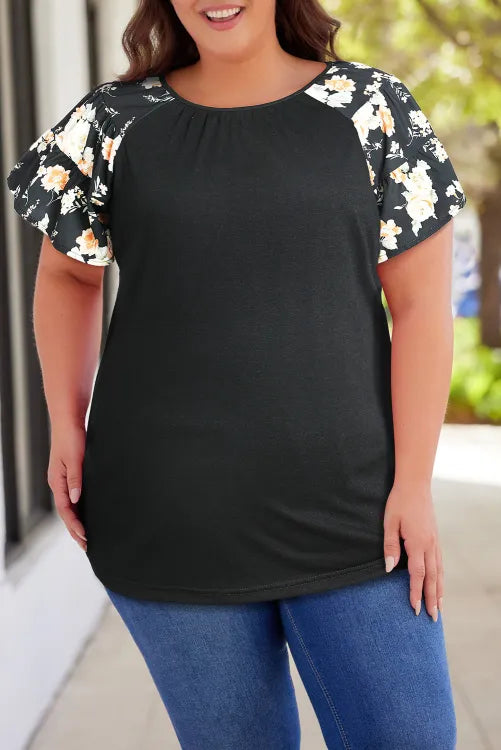 Black Floral Sleeve Ruffle Sleeve Plus Size Top