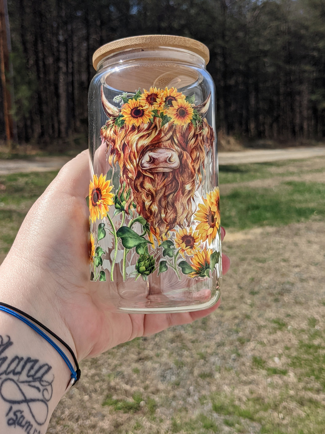 Highland Cow Sunflower UV Glass Beer/Coffee Mug