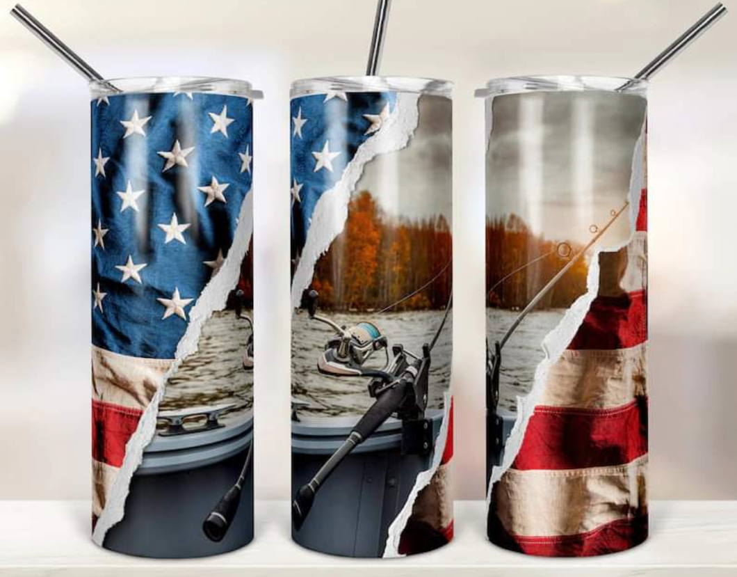 American Flag Fishing Reel Sublimation Tumbler