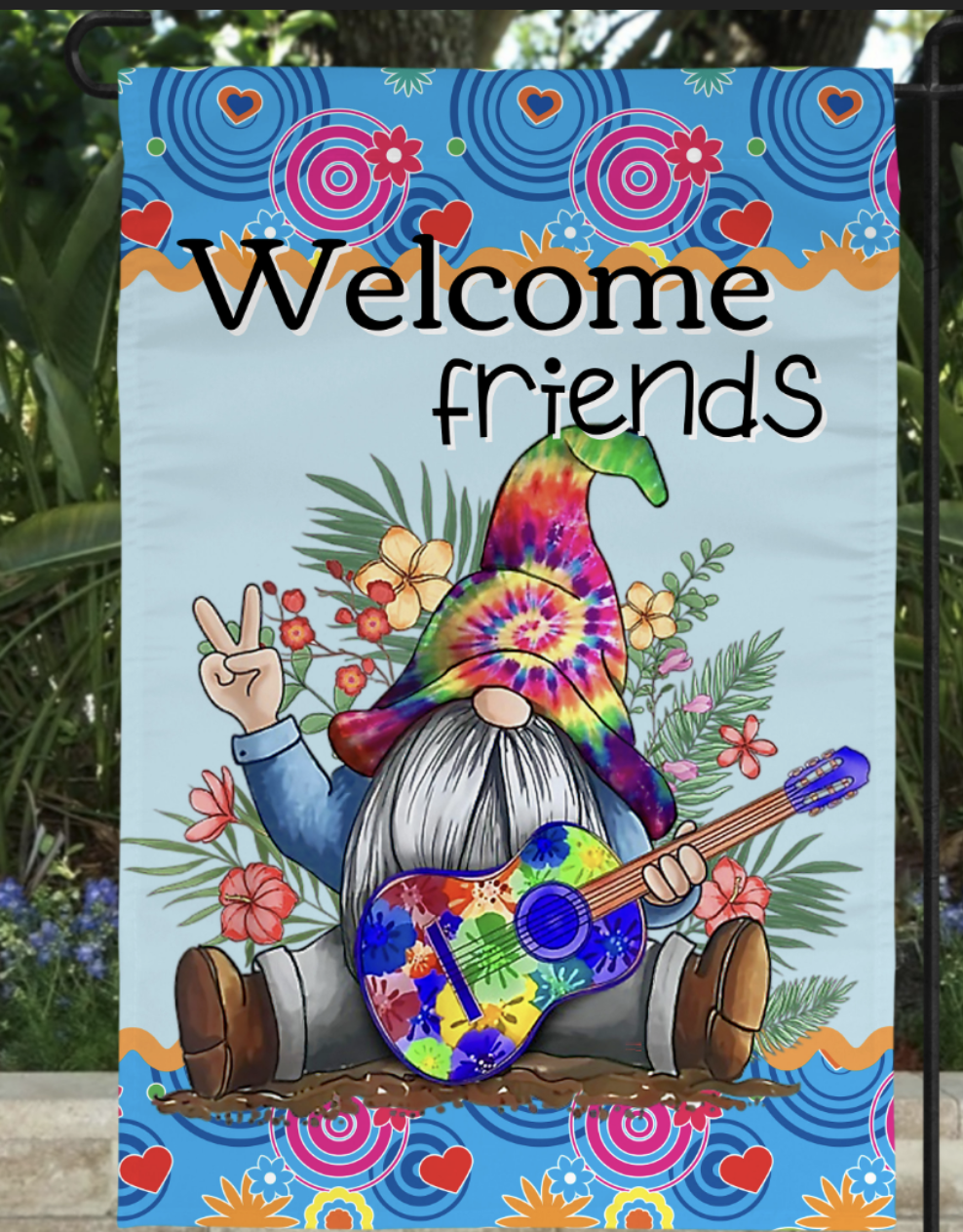 Welcome Friends Gnome Tie Dye Garden Flag