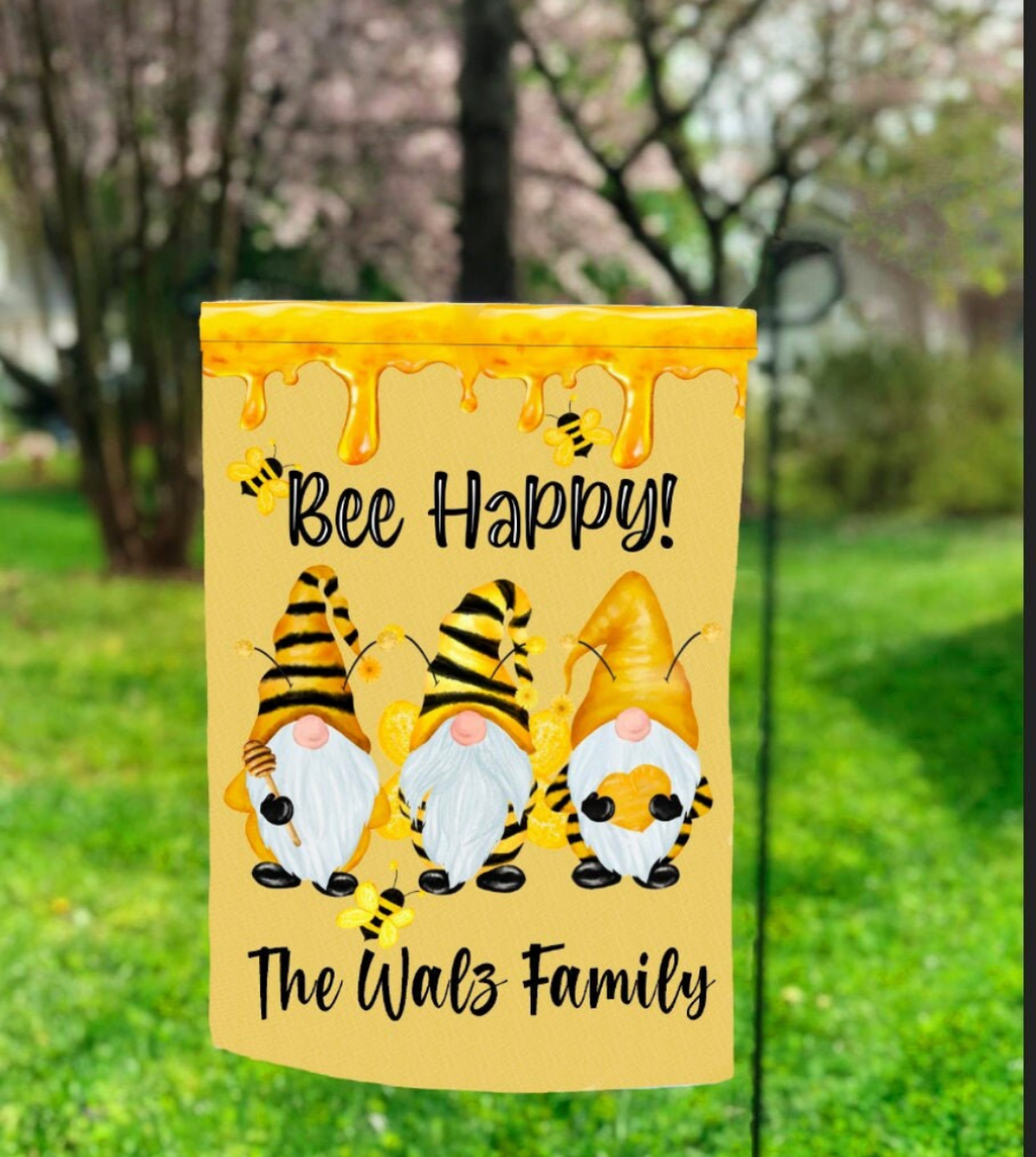 Bee Happy Gnome Garden Flag