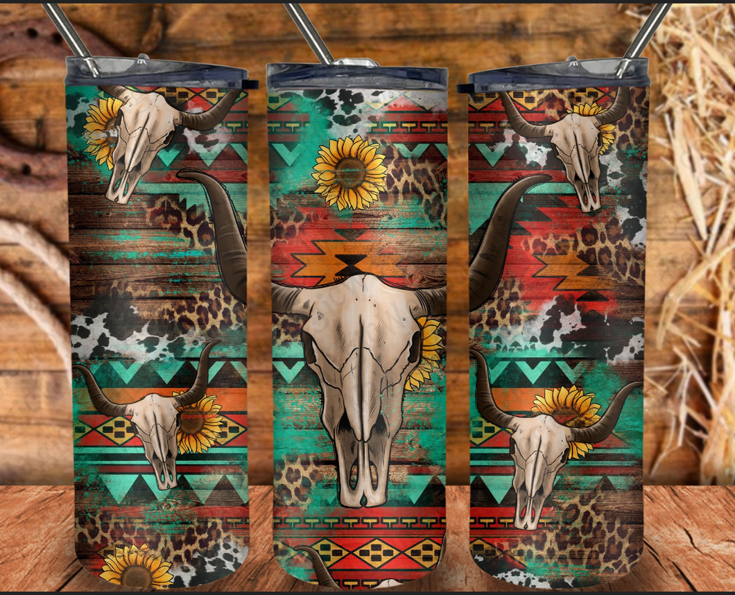 Aztec Sunflower Bull Skull 20oz Skinny Tumbler Design