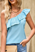 Load image into Gallery viewer, Ruffle Trim Textured Sleeveless One Shoulder Top
