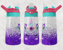 Load image into Gallery viewer, Purple Glitter Unicorn 12 ounce water bottle

