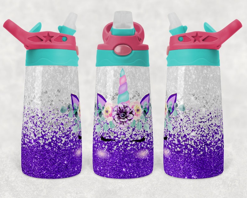 Purple Glitter Unicorn 12 ounce water bottle