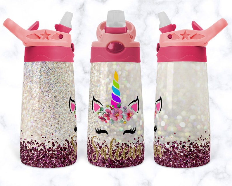 Pink Glitter Unicorn 12 ounce Water Bottle